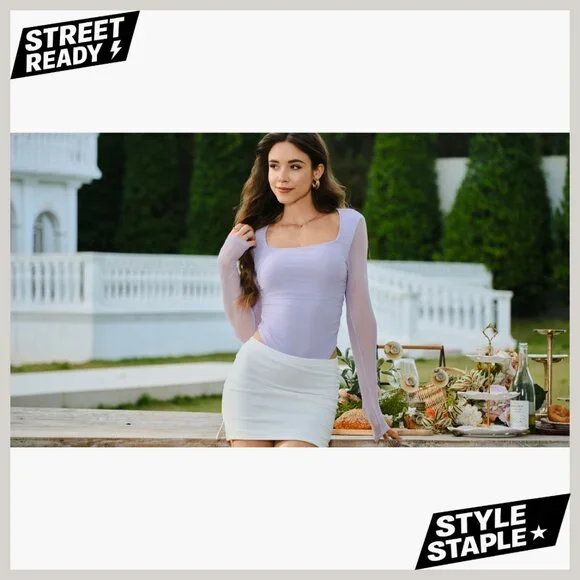 Mesh Long Sleeve Bodysuit Square Neck Ruched Top X-Small